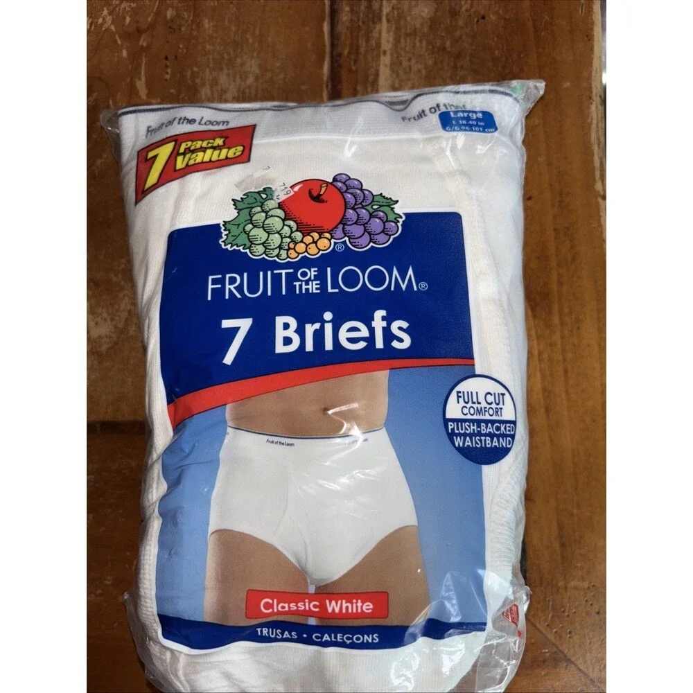 7 Vintage Fruit of the Loom Mens Briefs Size L 38-40 White Cotton Classic NEW